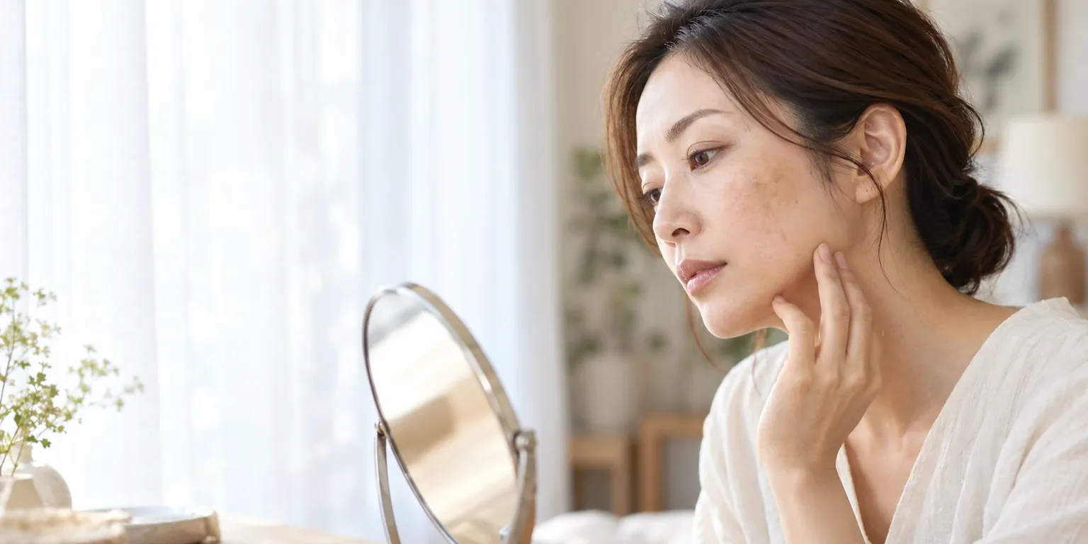鏡で頬のシミを見ている女性