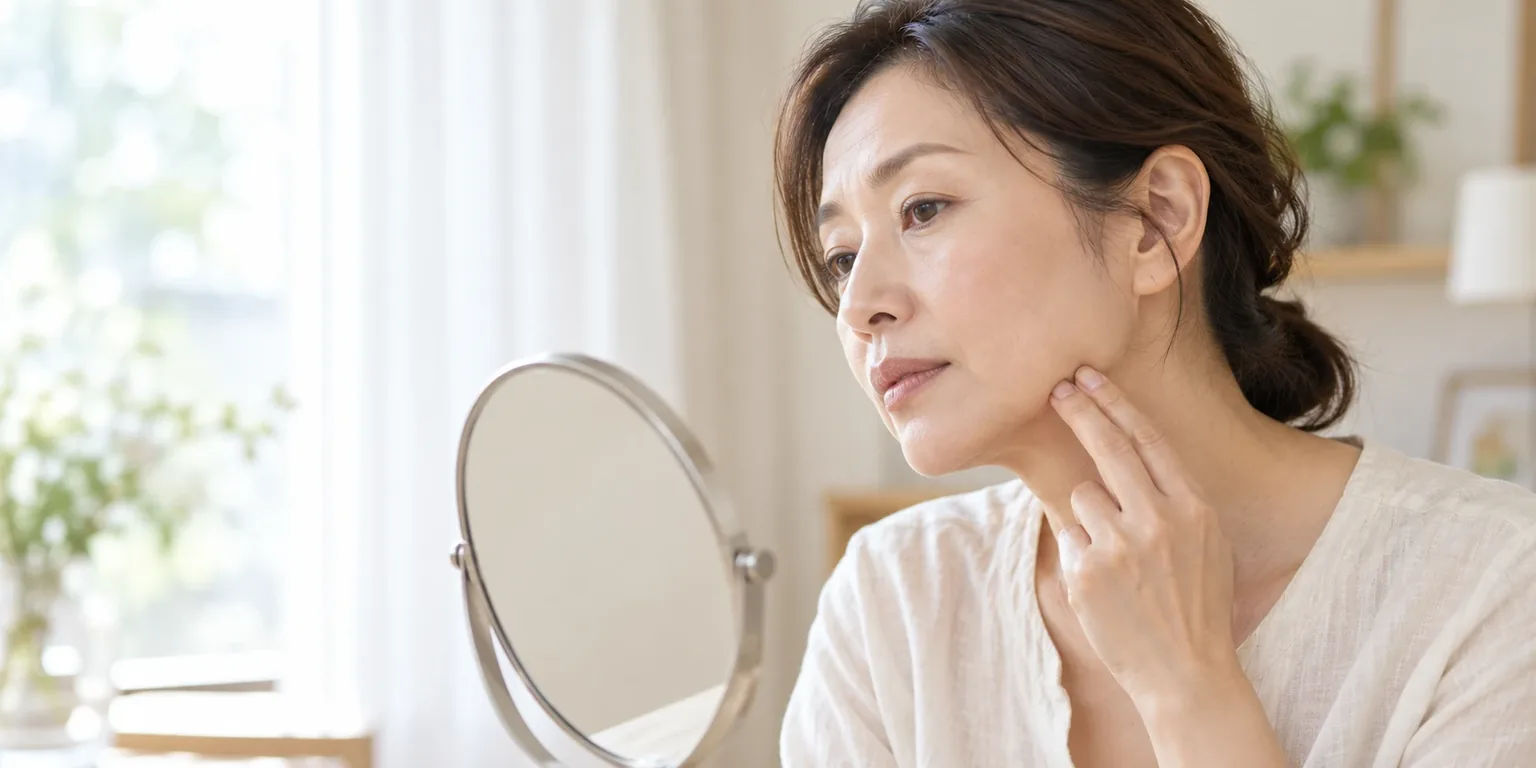 鏡の前でフェイスラインを指で確かめている女性