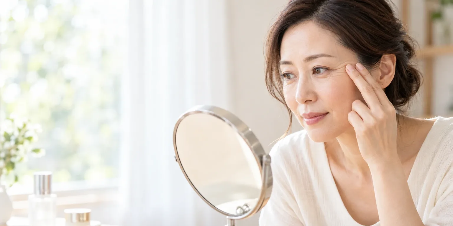 鏡で目元のシワを確かめている女性