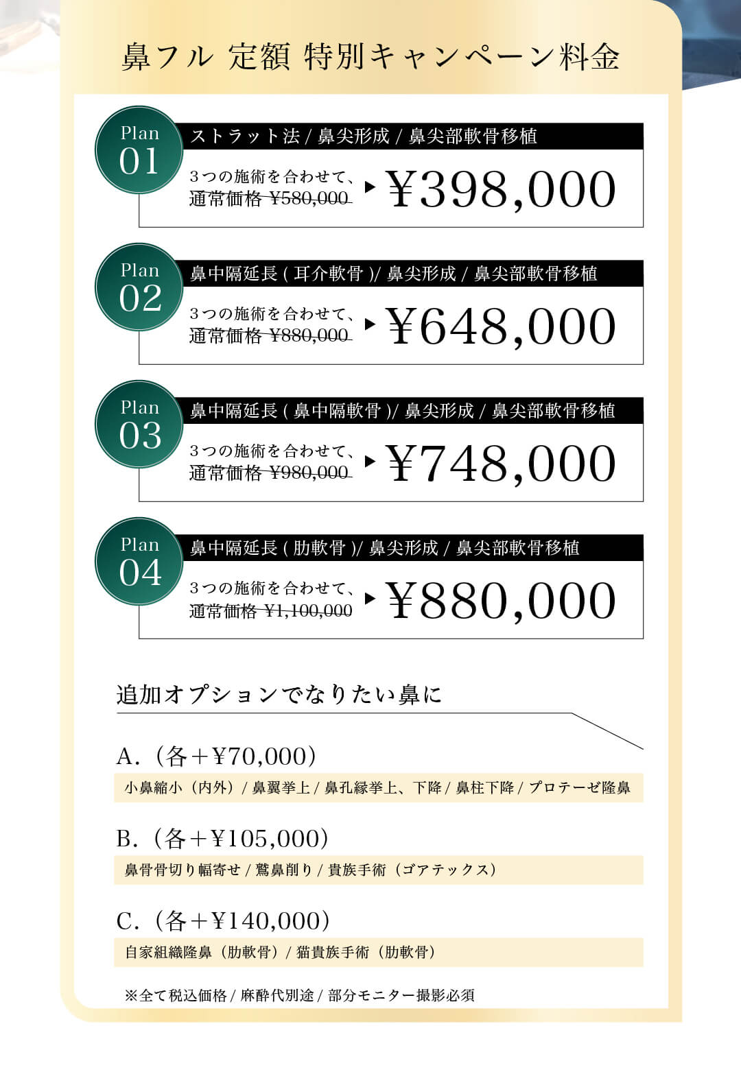 ストラット法/鼻尖形成/鼻尖部軟骨移植 ¥398,000 鼻中隔延長(耳介軟骨)/鼻尖形成/鼻尖部軟骨移植 ¥648,000 鼻中隔延長(鼻中隔軟骨)/鼻尖形成/鼻尖部軟骨移植 ¥748,000 鼻中隔延長(肋軟骨)/鼻尖形成/鼻尖部軟骨移植 ¥880,000 追加オプションも30%OFF